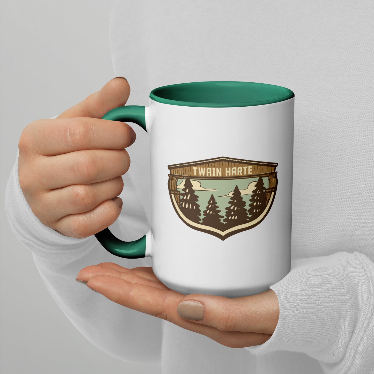 Twain Harte Mug • Double Sided Logo • Sierra Nevada Cabin Gift, Green Accent