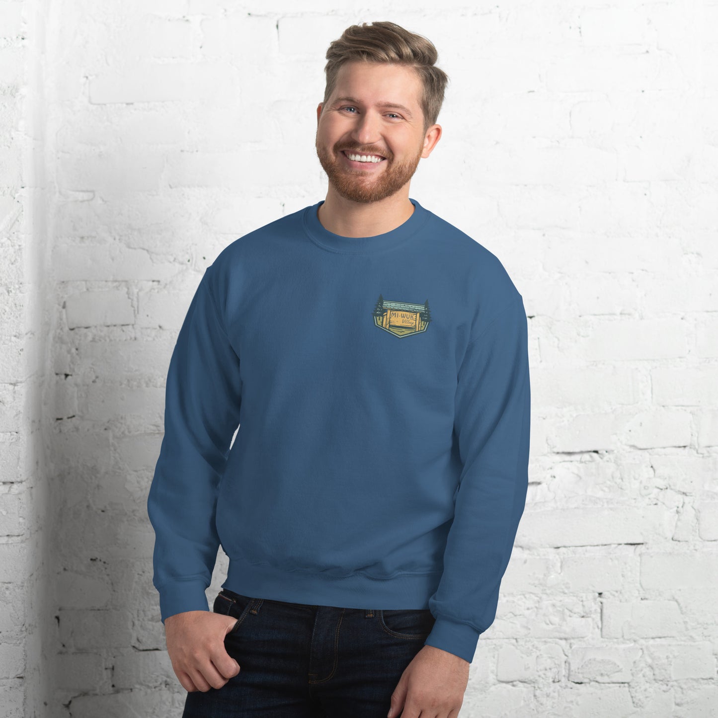 Mi Wuk Village Sweatshirt with Blue Logo, Sierra Nevada Crewneck, Upcountry California Apparel