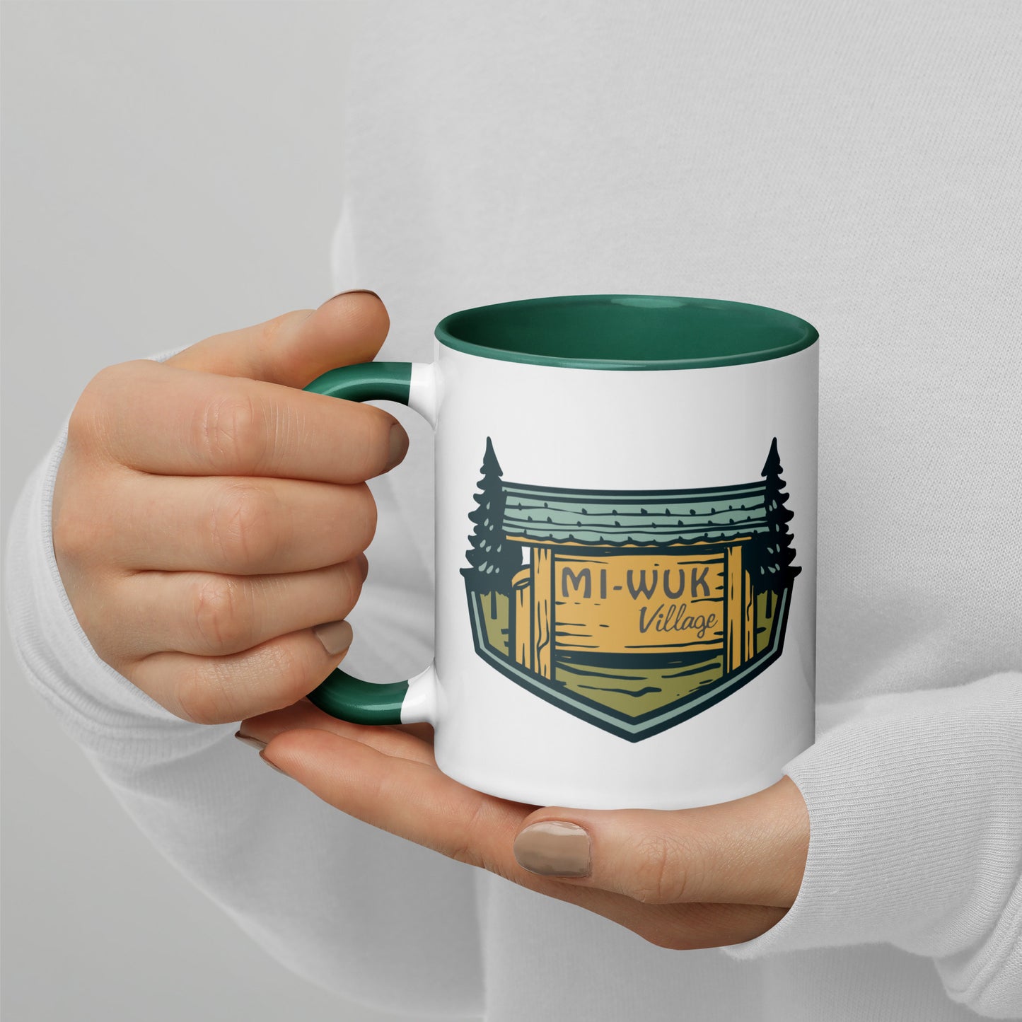 Mi Wuk Village Mug • Double Sided Logo • Sierra Nevada Cabin Gift, Green Accent