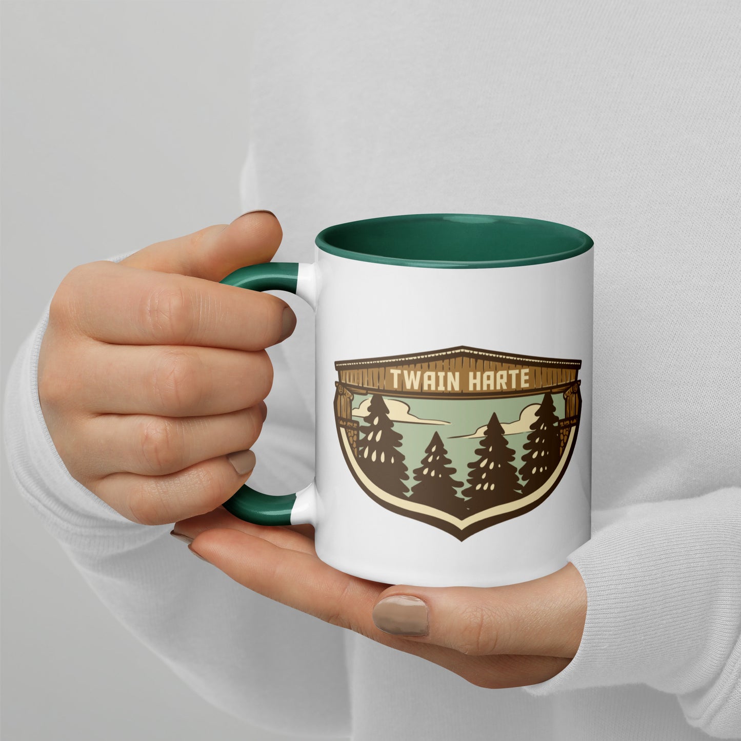 Twain Harte Mug • Double Sided Logo • Sierra Nevada Cabin Gift, Green Accent